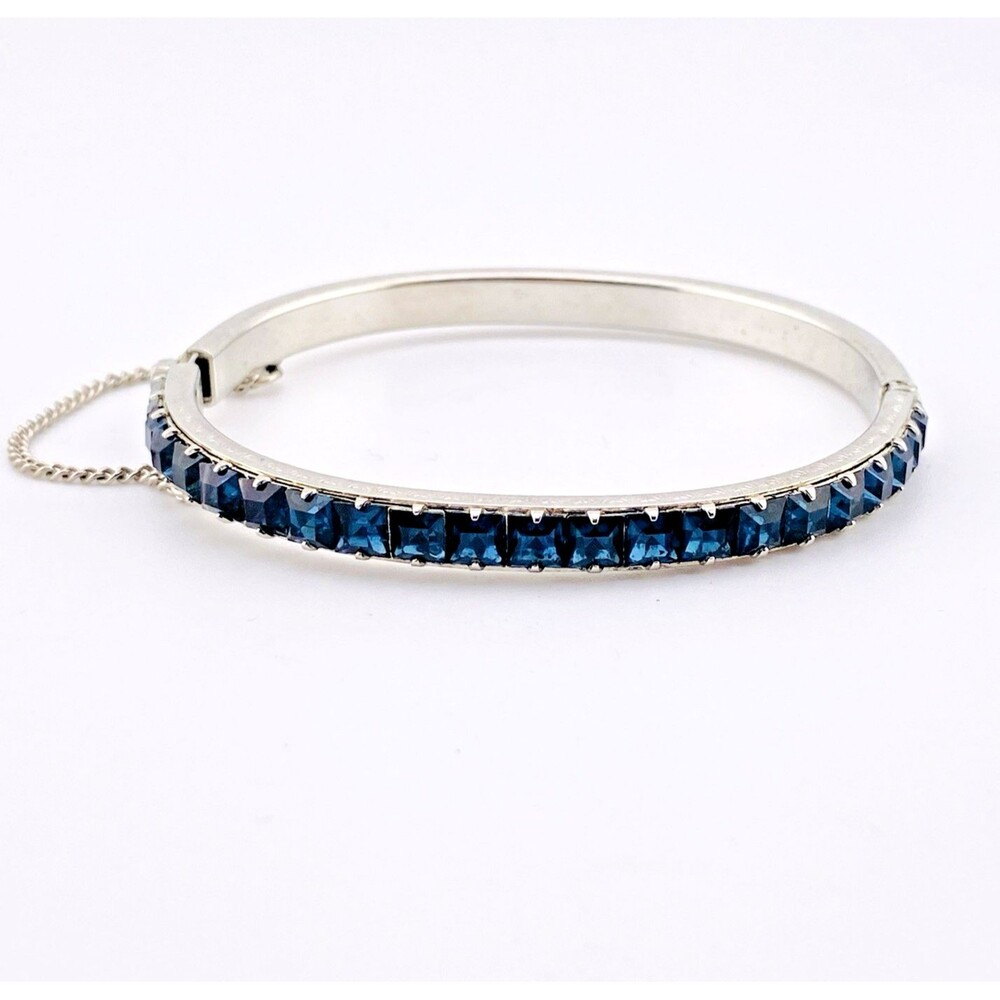 Art Deco Style Blue Glass Clamper Bracelet Silver Tone Rhodium 6.5 Inches